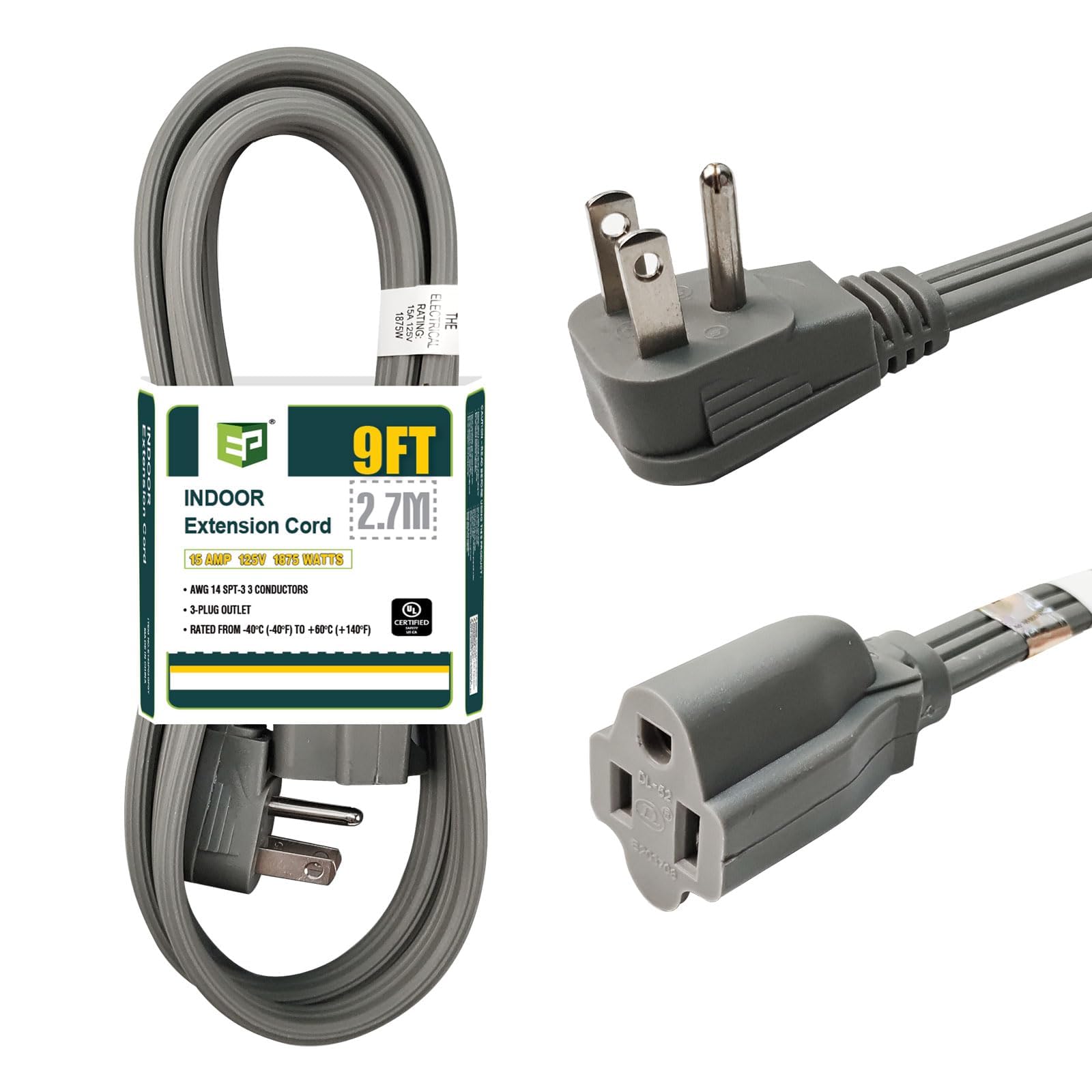 EP 9 Ft Heavy Duty Appliance Extension Cord - 14 Gauge 3 Prong Grounded Cable Wire, Ideal for Air Conditioners, Refrigerators, Microwaves, Washing