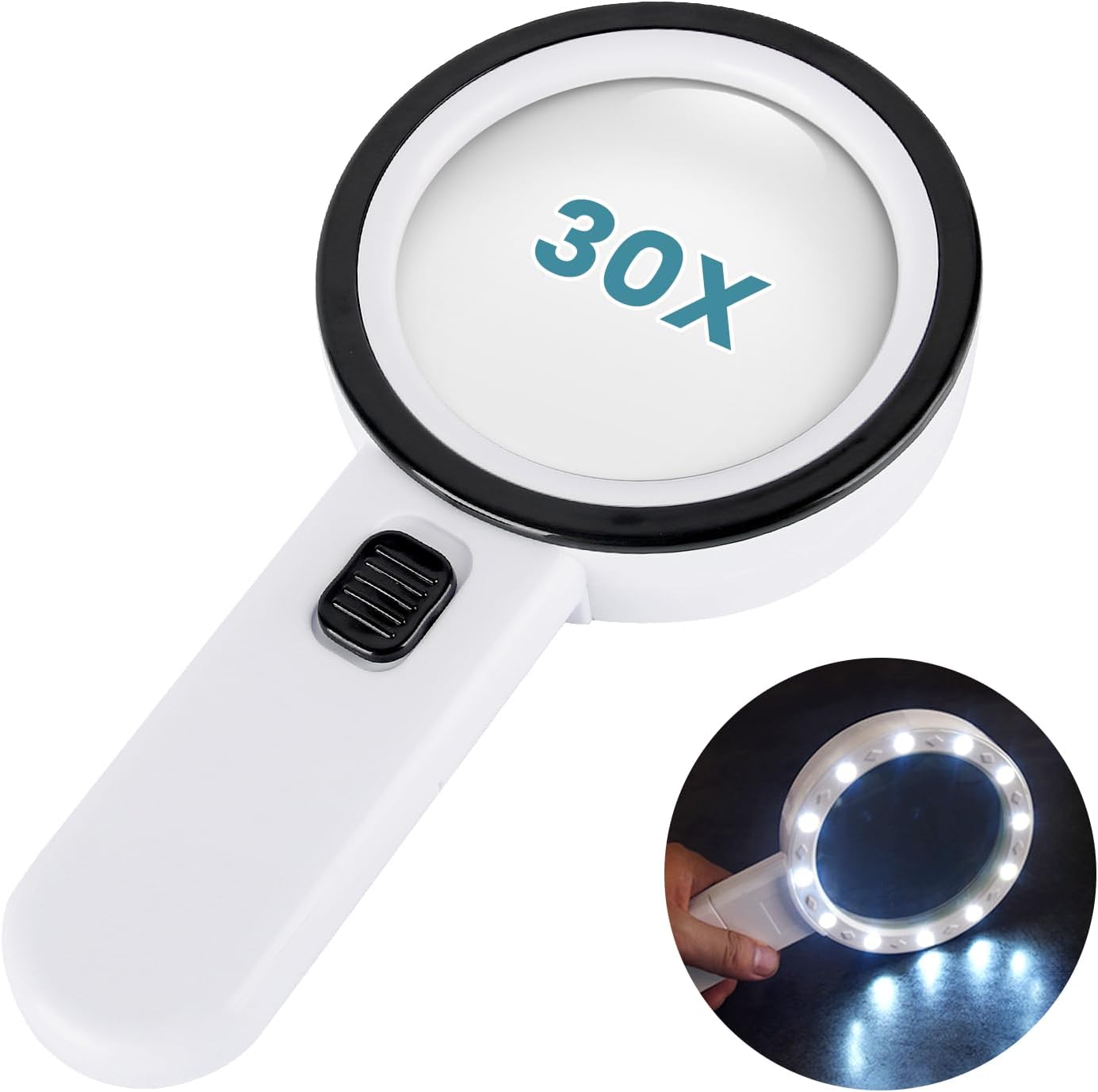 30X Magnifying Glass with Light, Handheld Magnifier Lighted Magnifying Glass with 12 LED Light, Ideal Gift for Seniors, Macular Degeneration, Low Visions Inspection Coins Jewelry 30X Magnifying Glass with Light, Handheld Magnifier Lighted Magnifying Glass with 12 LED Light, Ideal Gift for Seniors, Macular Degeneration, Low Visions Inspection Coins Jewelry