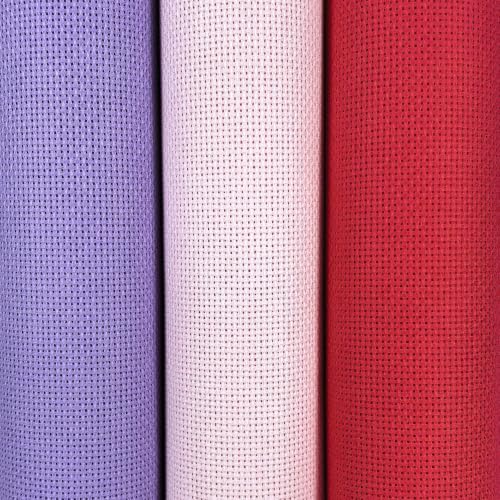 Image of KCS 3 pc of 15 inch x 18 inch(38cmx45cm) 18 Count Cross Stitch Cotton Aida Cloth Needlework Rolled Fabric Box,18CT,Lavender+Pink+Red