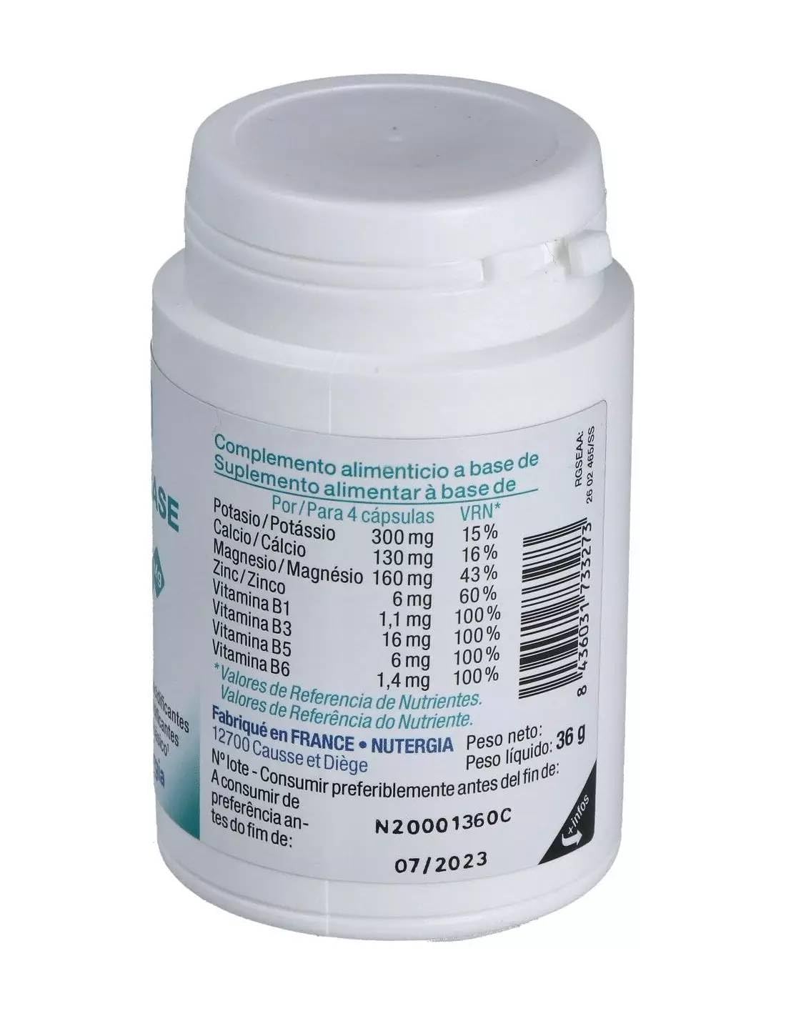 Pack 2 Ergybase Nutergia 60 cápsulas, 120 cápsulas totales, con magnesio, calcio, potasio, zinc y vitaminas B1, B3, B5 y B6, sales minerales en formato ahorro.