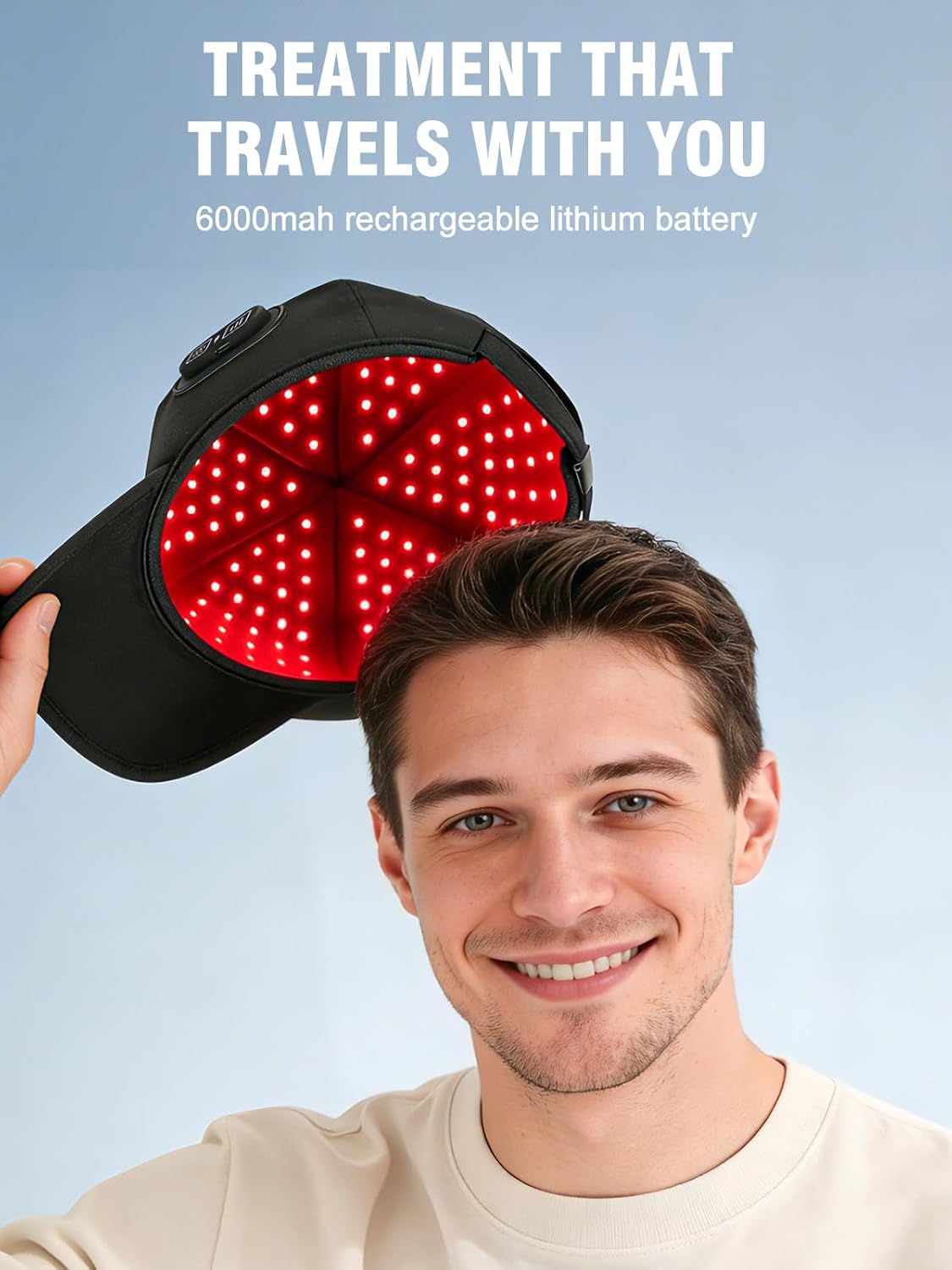 Cordless Red Light Hair Cap, Scalp Care Hat with 6000mAh Battery, 3 Modes & 3 Intensity Levels, Rechargeable Light Cap for Men & Women, Adjustable Fit