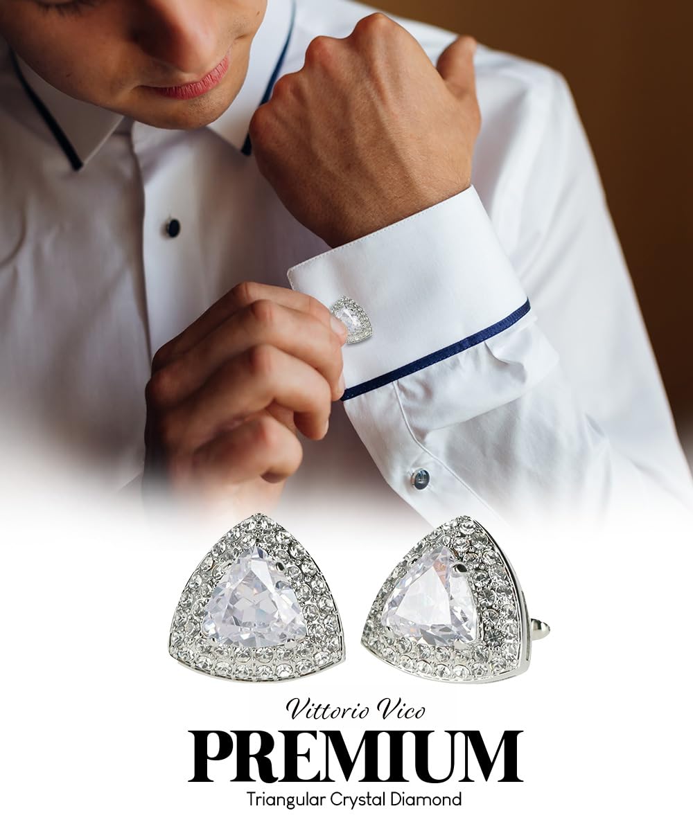 Triangular Crystal Diamond Set Cuff Links for Men – Suit Cufflinks (Clear/Silver, CL-7203)