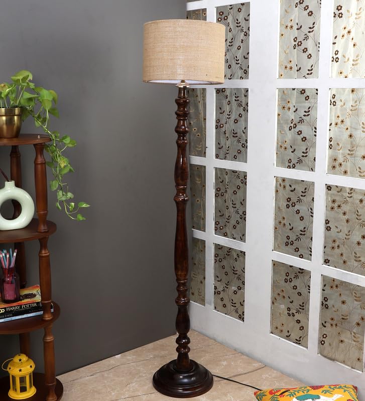 Image of tu casa Mango Wooden Floor Lamps with Classic Jute Shade for Home Decor, Bedrooms Corner, Living Room, Gifting, Diwali Decoration, Hall, Office, Study Room (Height: - 56 inch) - Bulb not Included