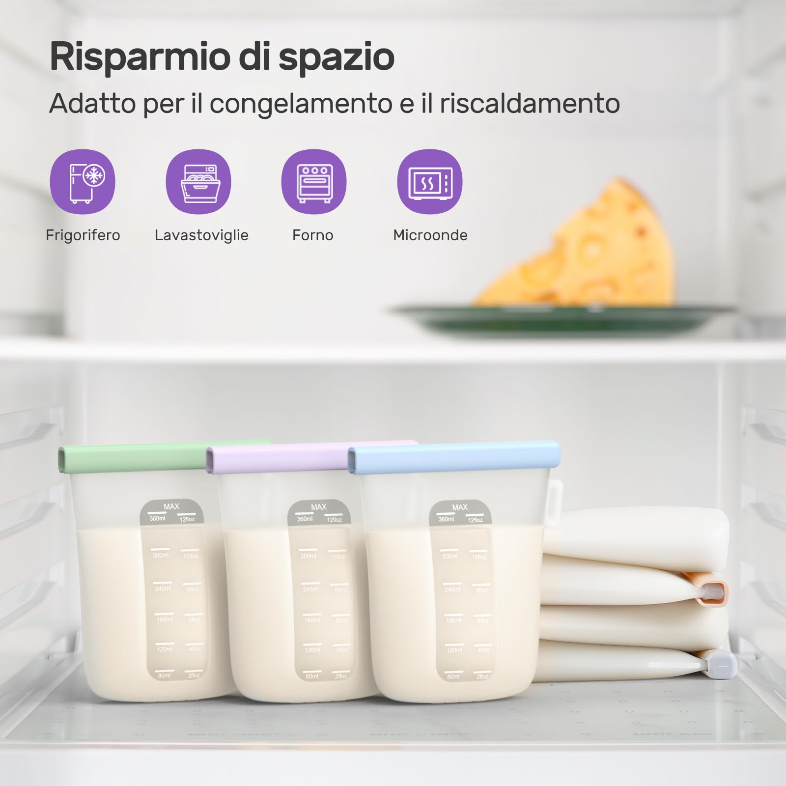 Nuliie 7 pezzi riutilizzabili contenitori latte materno, 12oz/360ml a prova di perdite, sacchetti latte materno in silicone alimentare per l'allattamento al seno, BPA Free, doppio sigillo