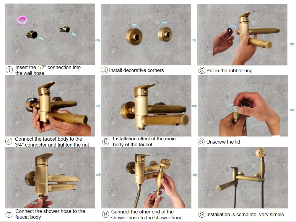 Grifo Mezclador para Bañera con Ducha, Grifo de Pared para Bañera de Latón Antiguo con Boca Giratoria a 90 ° Latón Cepillado Estilo Retro Caño Giratorio 18cm