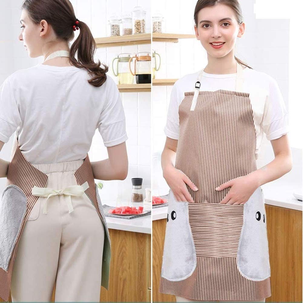 Primetan Chef Bib Apron Waterproof & Adjustable Durable Stripe Apron with Convenient Pocket and 2 Side Coral Velvet Towels Stitched, for Home Kitchen, Grill, Cooking, Restaurant. (Green) 2