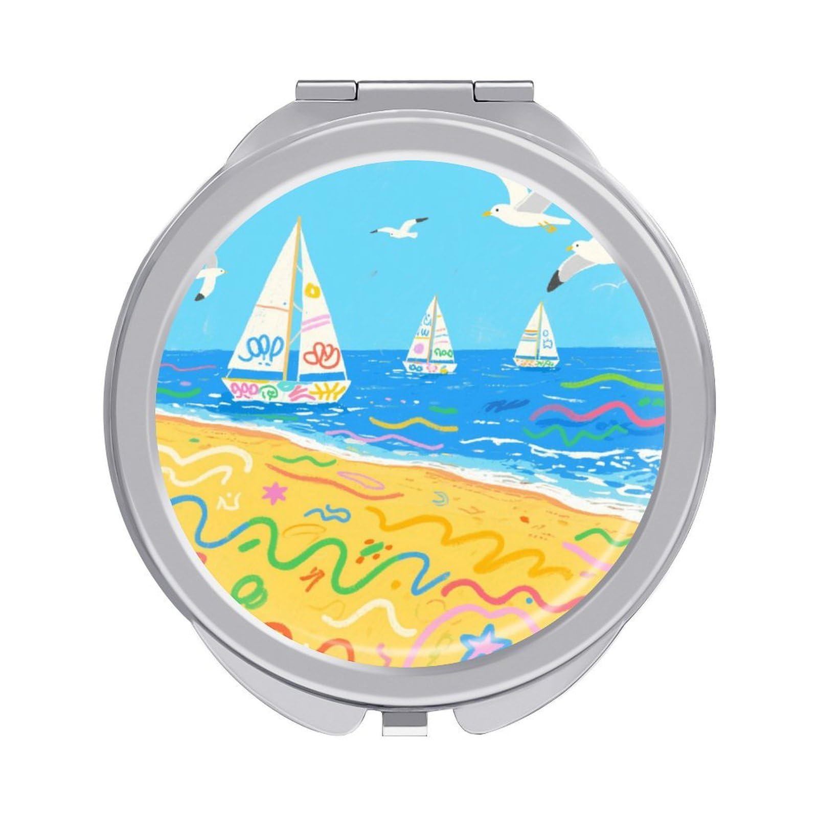 Fekiloot Style Graffiti Beach Travel Makeup Mirror Handheld Compact Mirror Portable Pocket Mirror Double-Sided 1X/2X Magnifying For Handbag And Purses