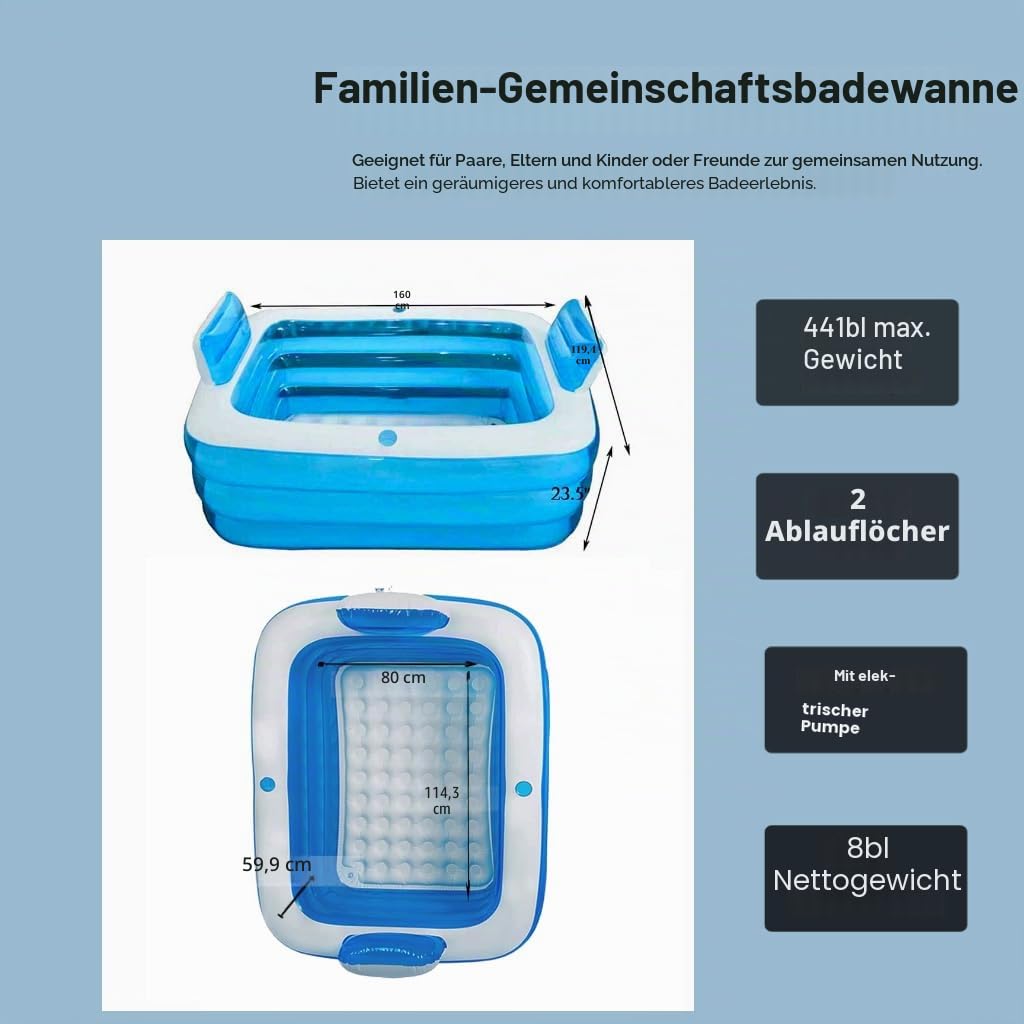 Aufblasbare Badewanne für 2 Personen - Inkl. Elektro-Pumpe, für Garten, Balkon & Dusche | Faltbare SPA-Wanne für Erwachsene