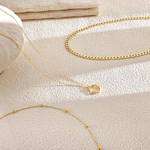 Layered Gold Necklaces for Women, Layering Stackable Dainty 14K Gold Plated Circle Pearl Rectangle Pendant Choker Necklace for Women Trendy Cuban Link Snake Chain Necklace Fashion Jewelry Sets 7