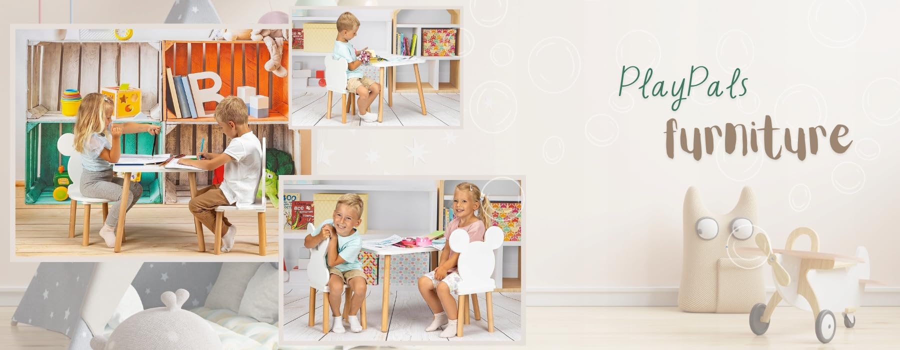 Set de mesa + silla de oso para niños 60×50×47 cm – Mesa y silla infantil de MDF y madera – Diseño blanco con acabado natural – Bordes redondeados, seguro para niños, estable – 3–7