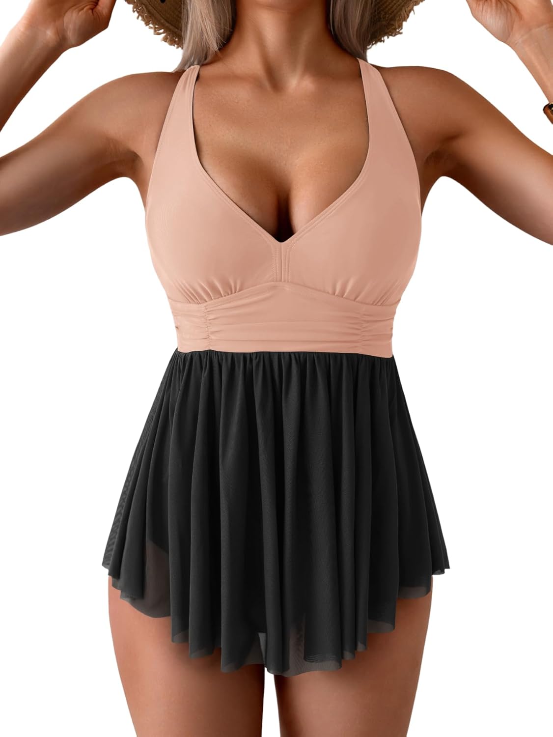 Aidonger Women's One Piece Swim Dress Swimsuit Tummy Control Mesh Swimdress V Neck Bathing Suit Skirt Tie Back Swimwear