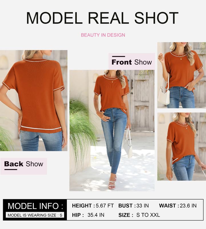 Image of SHEWIN Womens Tops Trendy Short Sleeve Shirts Crewneck Lightweight Knit Sweater Top Business Casual Outfits