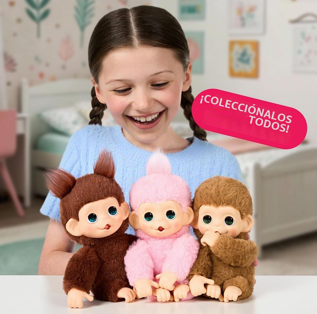 Little Live Pets Baby Monkey Minis – Luna Lemon, Juguete Interactivo, +20 Sonidos y reacciones, Suave Pelaje Rosa, 18,8 cm, Realista, Comer, cuidar, Manos y pies de Mono, 3 para coleccionar