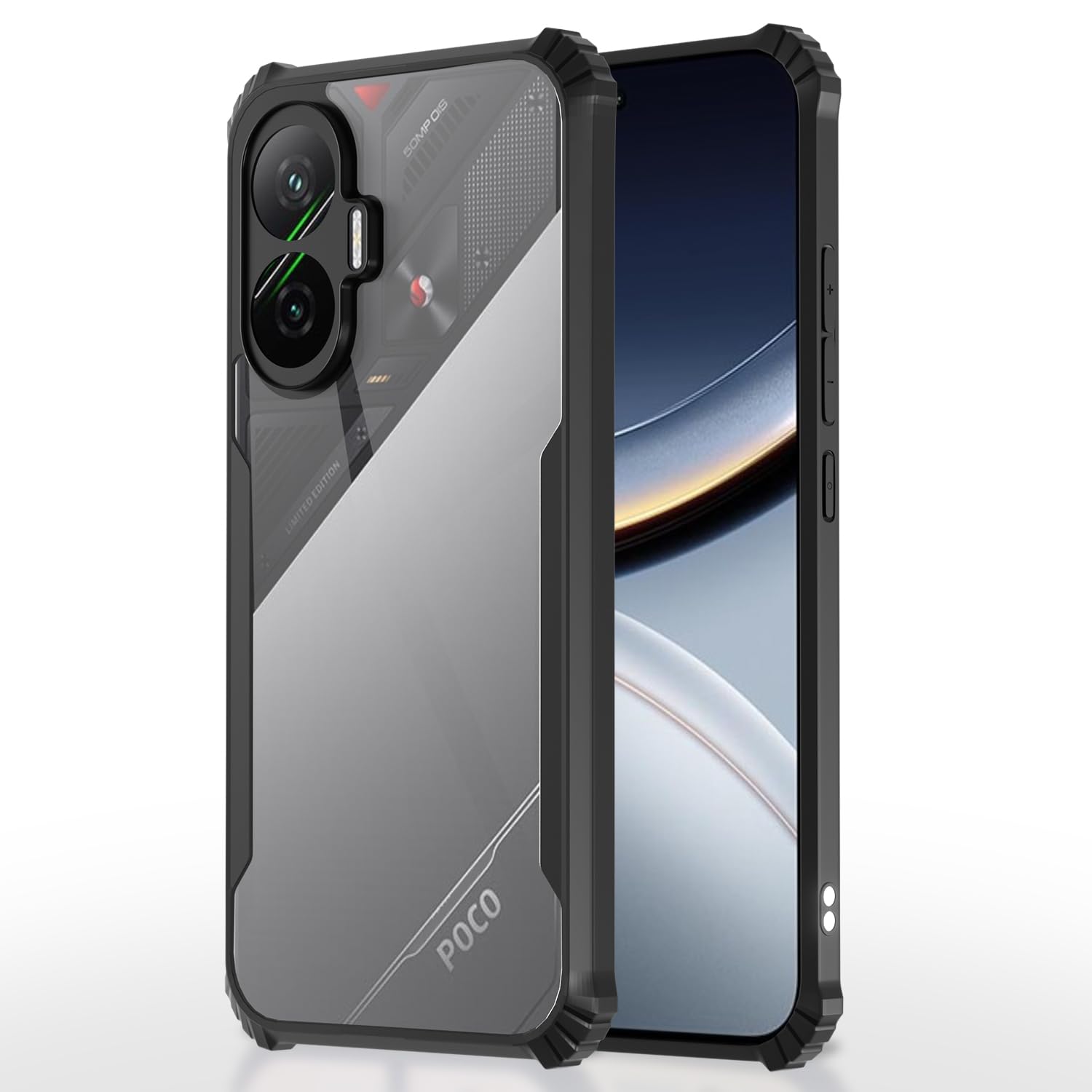 Amazon Basics Back Cover Poco F7 5G | Crystal Clear Transparent Back | Ultra Hyrbid | Full Camera Protection | Raised Edge | Bumper Case (Black)