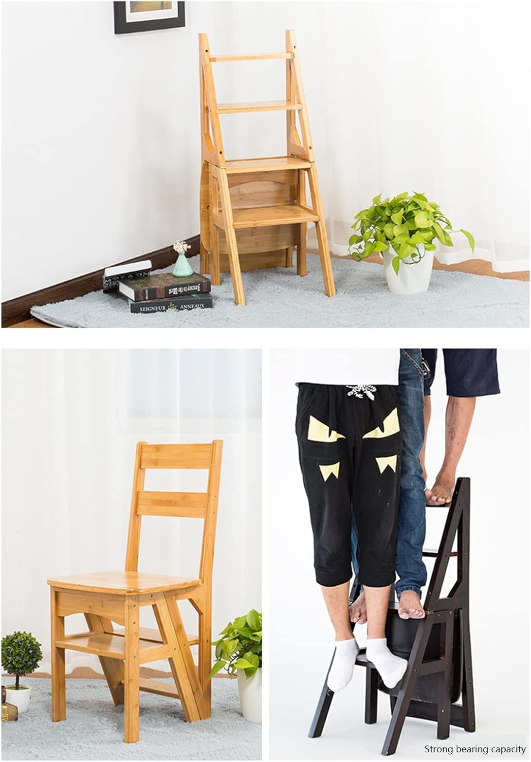 Wooden 4 Step Ladder Stool, Folding Step Stool Portable Ladder Chair Stool Multifunction Stepladder/Stairway Chair for Home Library Office