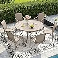 DIFY 7 Pieces Outdoor Patio Dining Set for 6, 47.2" Sandshell Round Dining Table and 6 Sandshell Stackable Sling Dining Chairs, Metal Outdoor Table and Chairs for Lawn Garden Backyard Deck