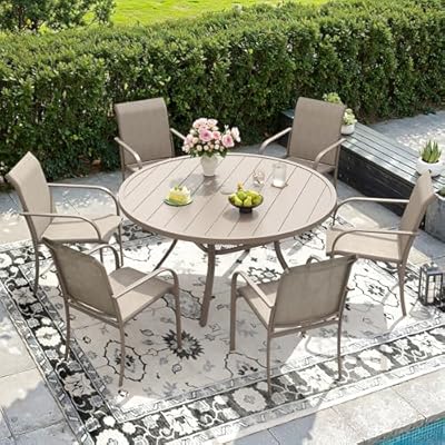 DIFY 7 Pieces Outdoor Patio Dining Set for 6, 47.2" Sandshell Round Dining Table and 6 Sandshell Stackable Sling Dining Chairs, Metal Outdoor Table and Chairs for Lawn Garden Backyard Deck