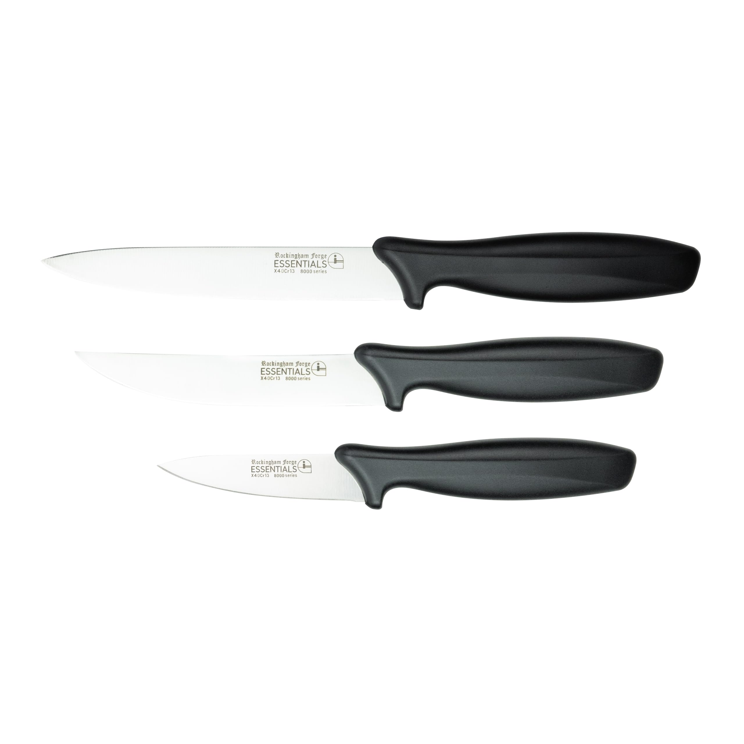 Rockingham Forge 3 Piece 8007 Essentials Range Utility Knife Set, Includes 9cm Paring, 11cm Steak & 12cm Utility, Black Handles