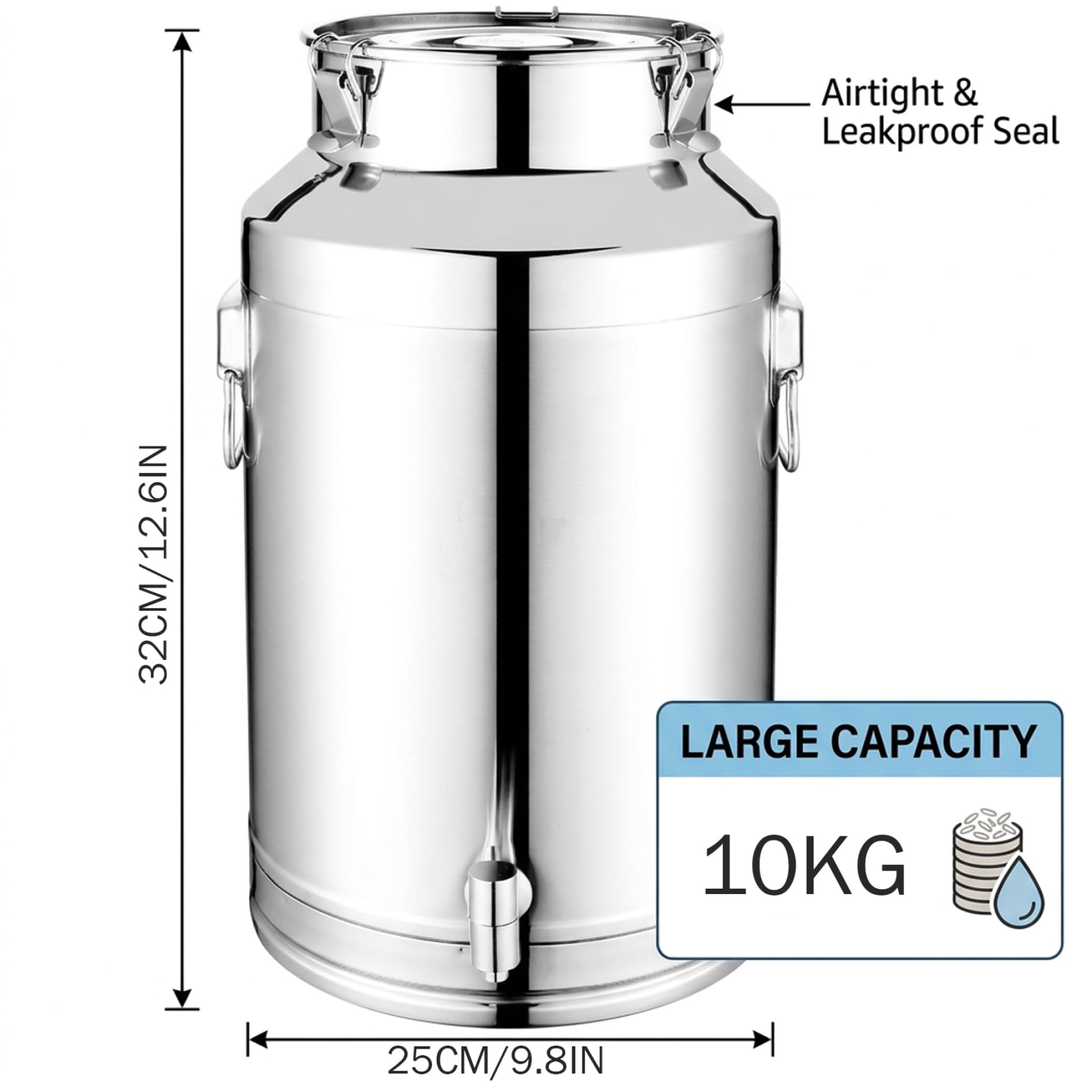 Dispensador de agua de acero inoxidable, 14 litros, lata de leche de acero 201 de grado alimenticio con tapa, sello y grifo a prueba de fugas para almacenamiento de bebidas, vino, aceite de