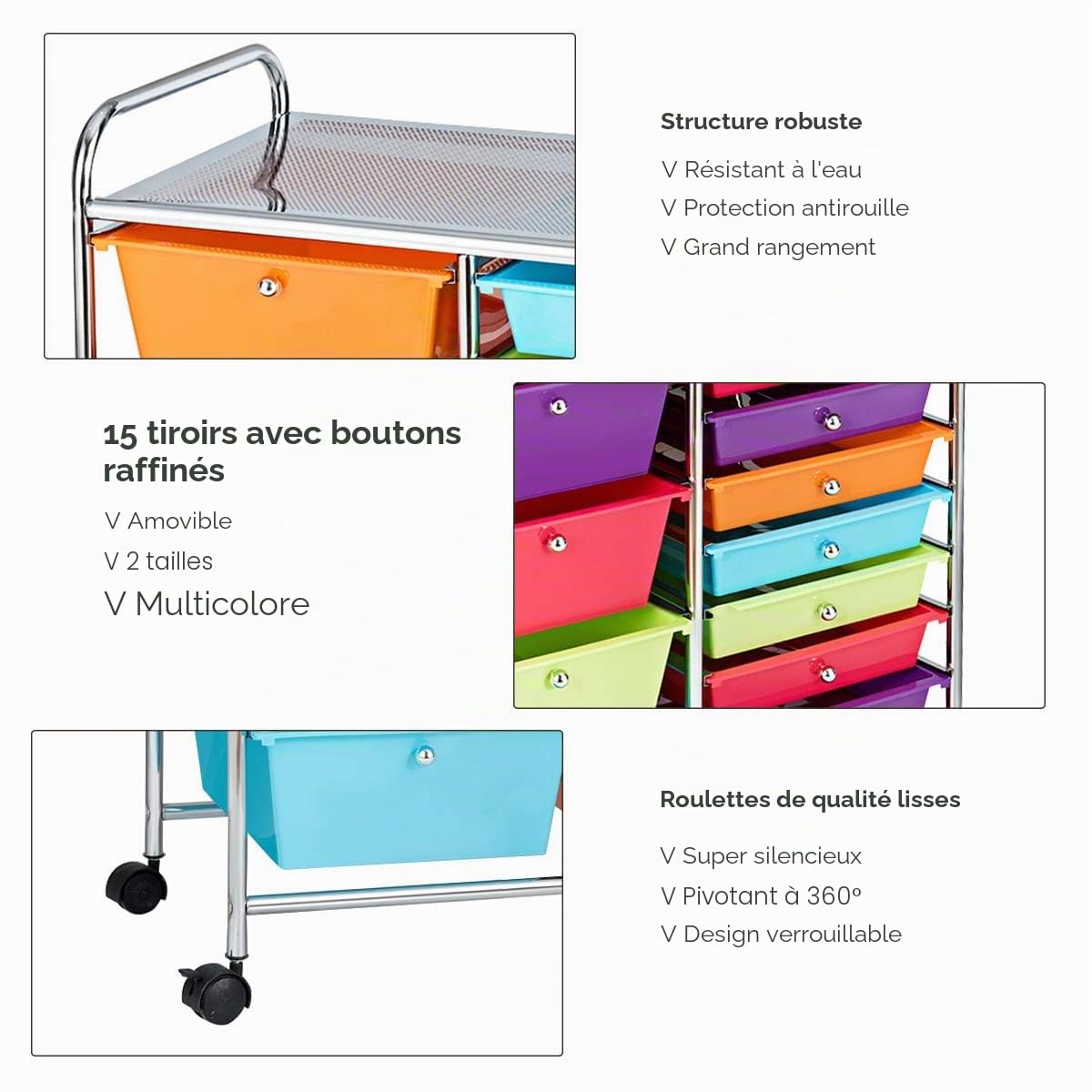 FANTASK Chariot à roulettes avec 15 tiroirs empilables, chariot de rangement pour bureau, salon, 62,5 x 37 x 87 cm
