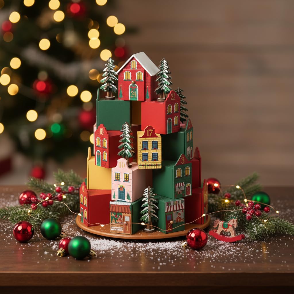 PE 3D Holz-Adventskalender als Weihnachtsdorf, 24 Schubladen zum Befüllen | Holz, 26,6 x 26,6 x 32 cm, 24 nummerierte Schubladen, Weihnachtsdorf-Dekoration, jährlich neu befüllbar