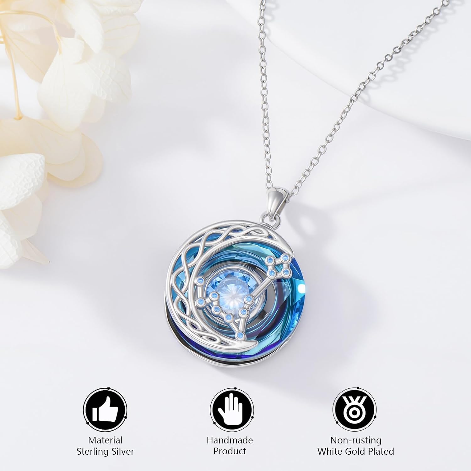 Pisces Zodiac Necklace 925 Sterling Silver Celtic Moon Pendant with Blue Crystal, Astrology Jewelry for Women, Birthday/Christmas Gift Idea, Adjustable 18"+2"