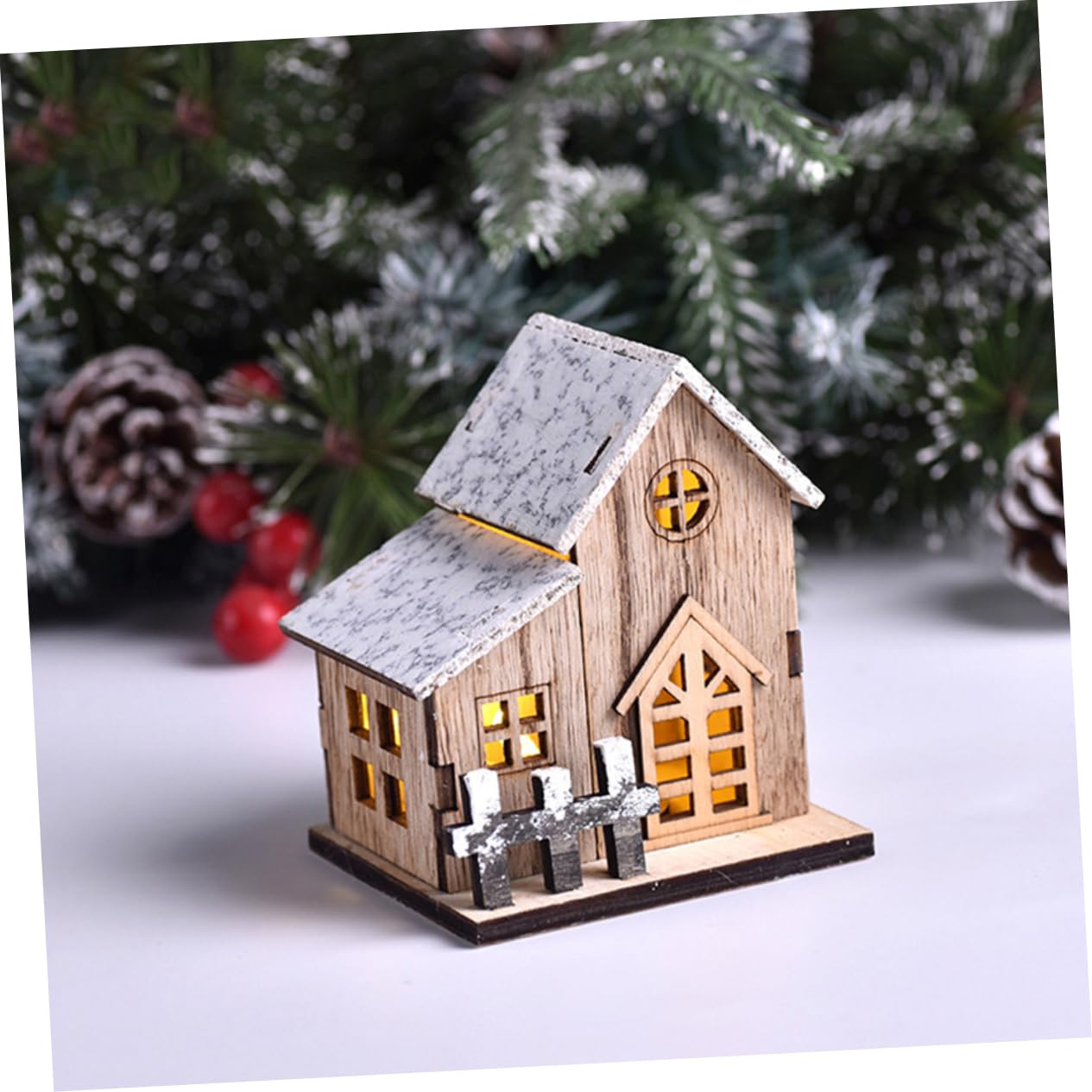 Garneck 2pcs Glow Cabin Indoor Mini Scene Christmas House Decor Festive Merry LED Christmas Village Ornament Lit Interior Decorations Xmas Village House Tiny Small Christmas Decor Wooden