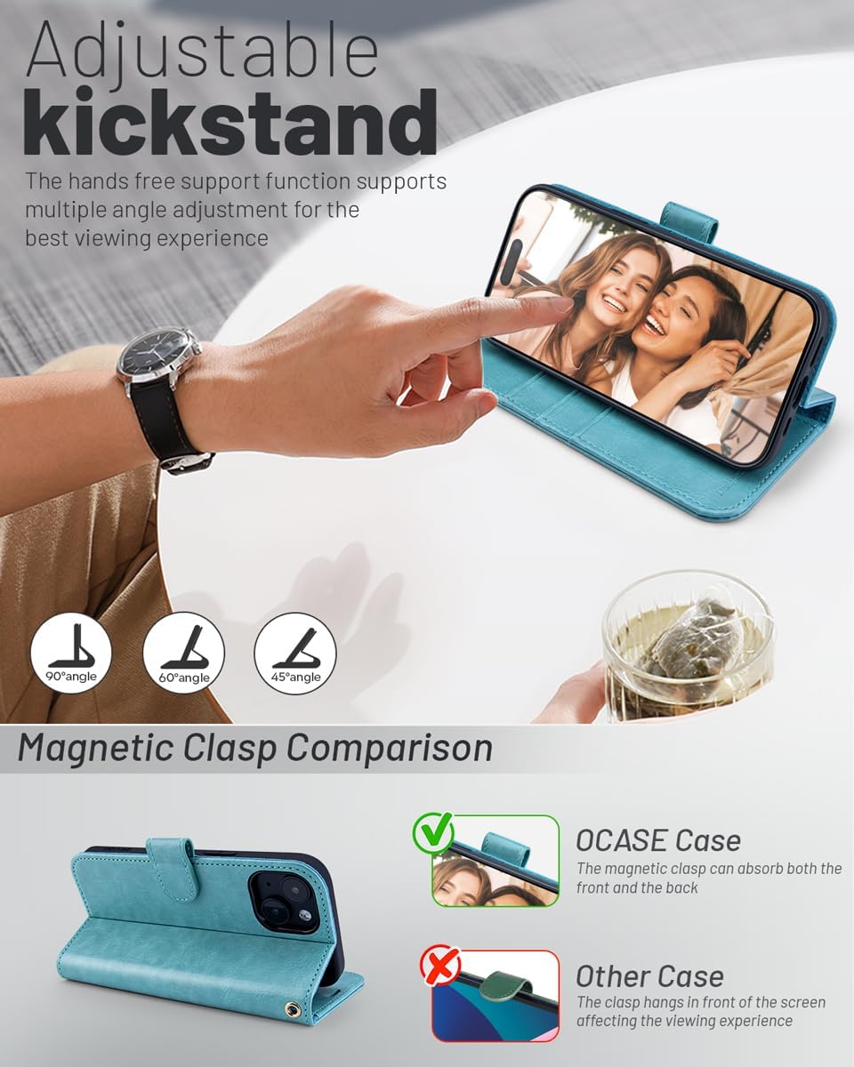 OCASE Compatible with iPhone 15 Plus Wallet Case, PU Leather Flip Folio Case with Card Holders RFID Blocking Kickstand [Shockproof TPU Inner Shell] Phone Cover 6.7 Inch 2023, Mint Green
