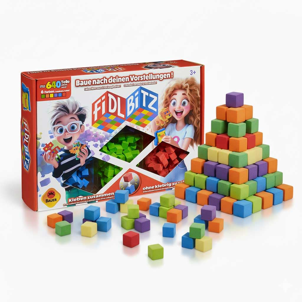 FIDL BITZ Deluxe Set - 640 Selbstklebende Würfel Schaumstoff - Kreatives Motorikspielzeug Konstruktionsspielzeug Klebende Bausteine ohne klebende Finger & Rückstände - für Kinder ab 3 (21102)