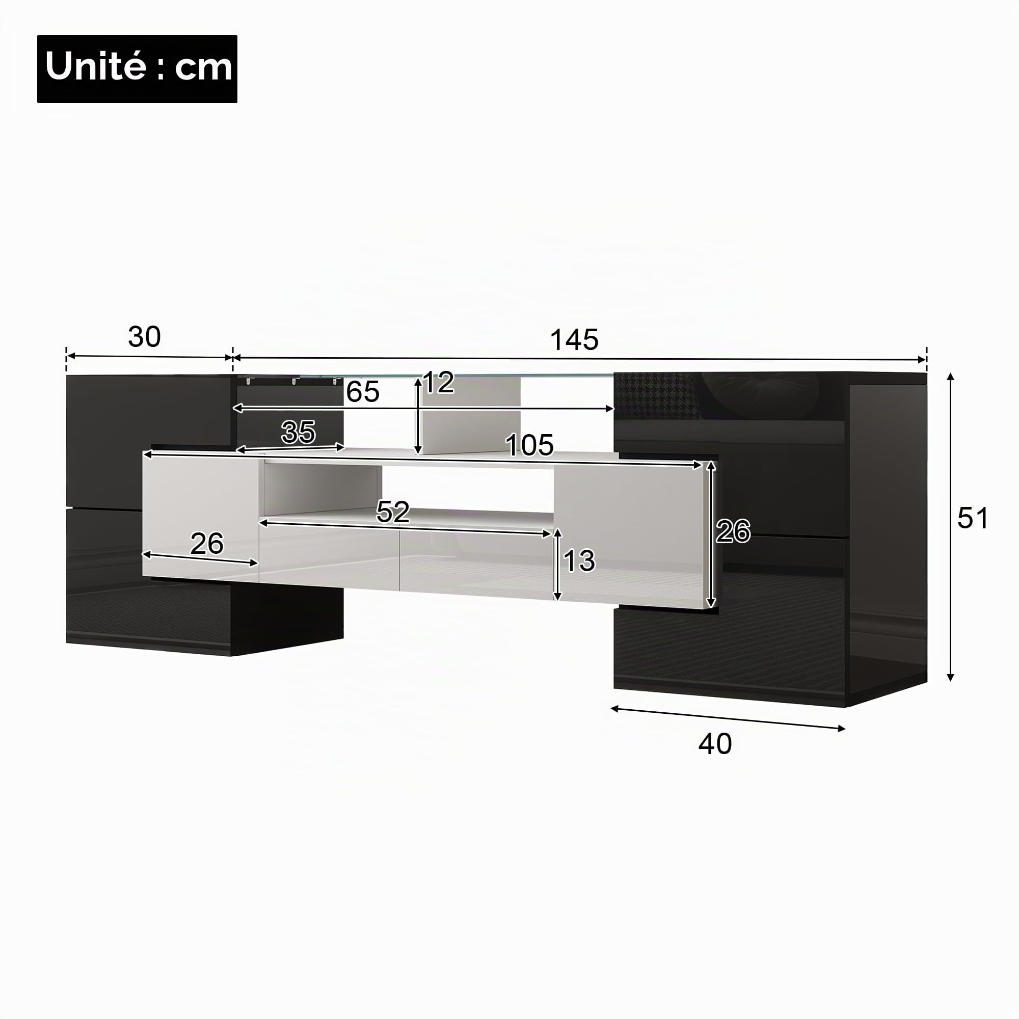 BTM Meuble TV LED, Moderne avec Rangement, Bas en Verre, Meuble TV Salon, Charge 60kg, 150 x30x51 cm, Blanc et Noir