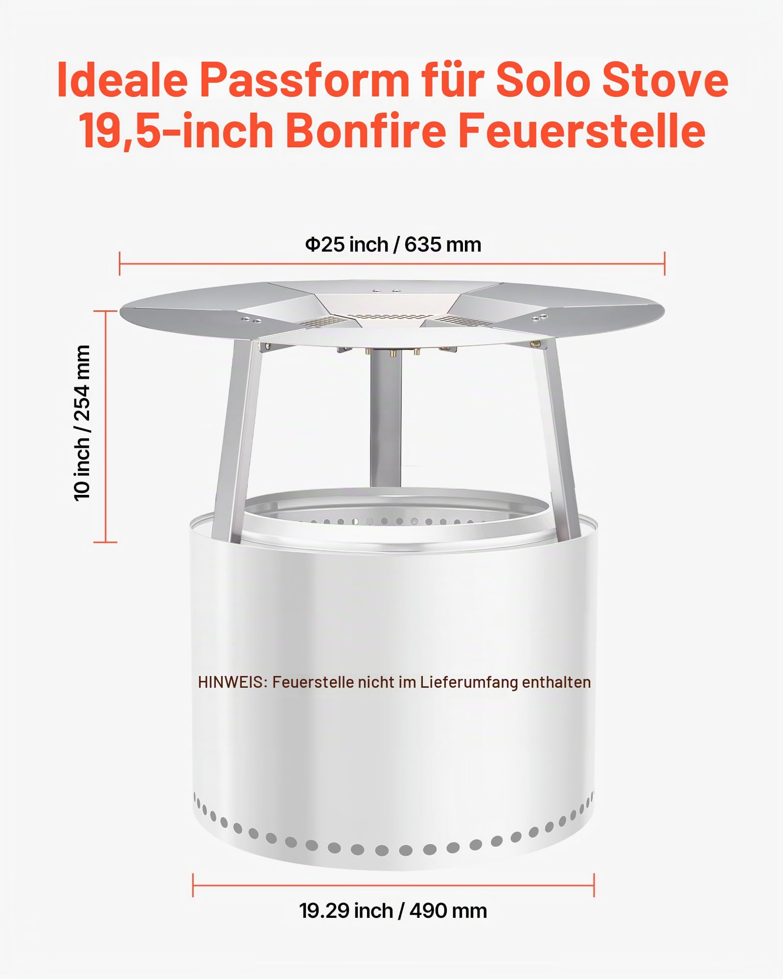 VEVOR Wärmeverteiler für Feuerschale, φ 635x254 mm Lagerfeuer-Hitzeschutz rund für Holzfeuerstelle, Hitzeverteiler aus Edelstahl 304, abnehmbare Brennerabdeckung, Campingzubehör