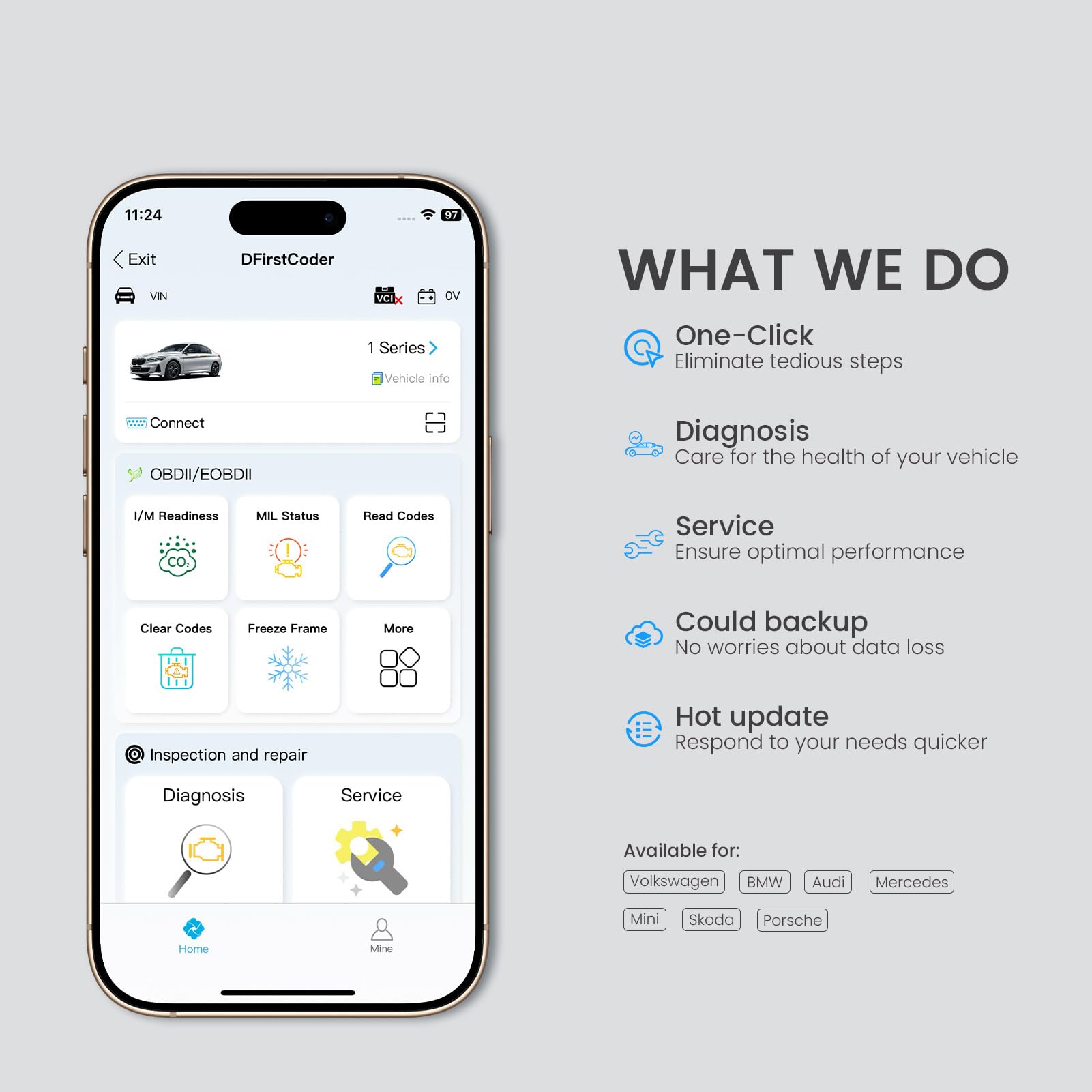 DFirst - Skaner Bluetooth OBD2 jednym kliknięciem, dostosowanie, kasowanie/resetowanie silnika pojazdu, narzędzie diagnostyczne dla iOS i Android