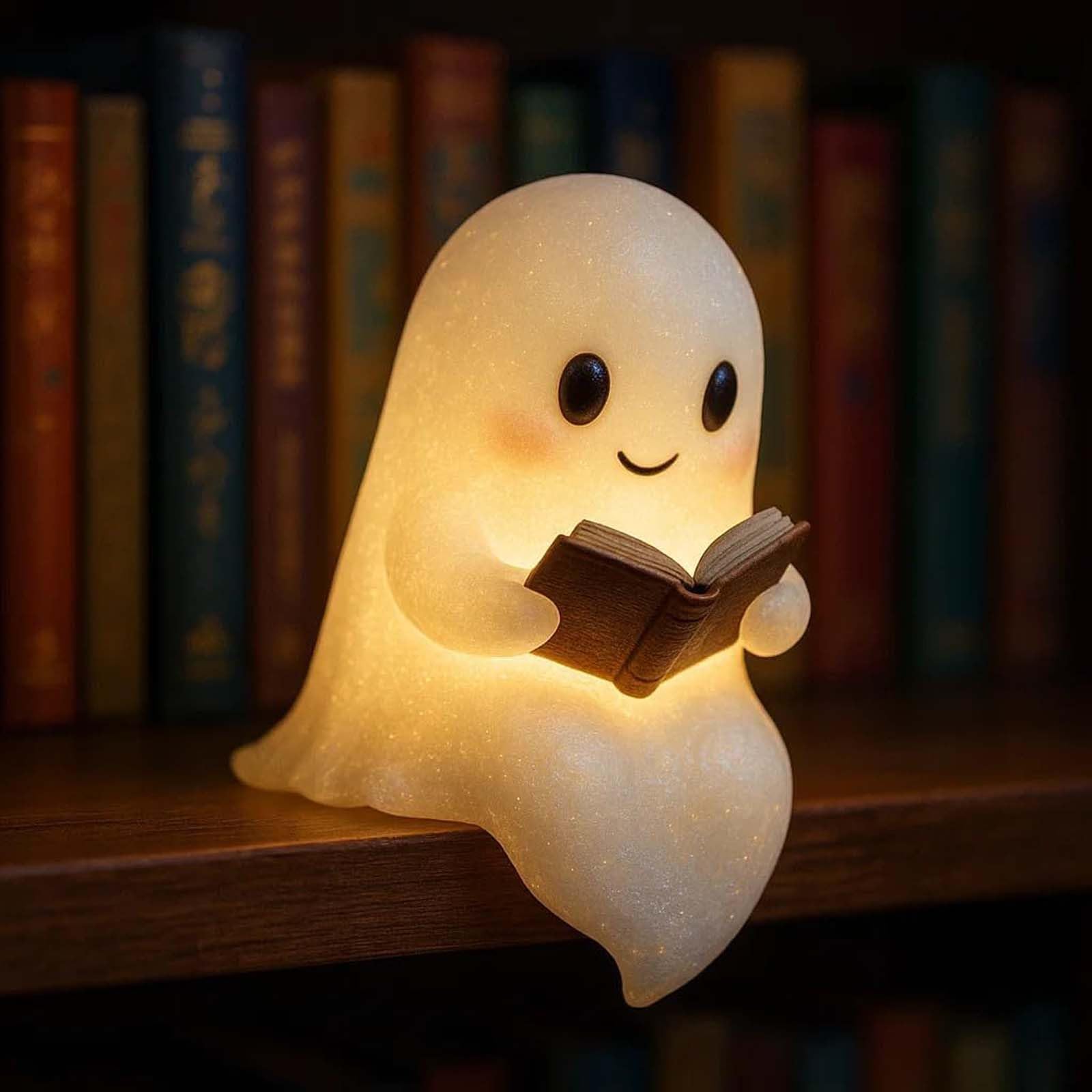 Halloween Cute Ghost Reading Book Lamp, Chrismas Cute Ghost Night Light, 3D Light up Ghosts Decorations for Indoor Home Table Bedroom, Ghost-Themed Lamps for Halloween Party (#A 21CM)