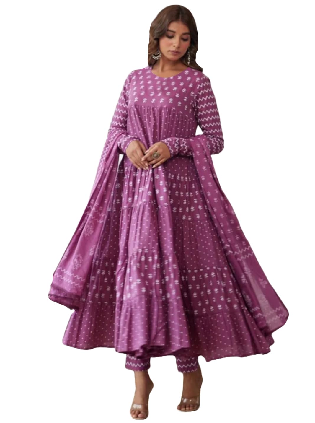 ANNI DESIGNER Pure Cotton Anarkali Kurta Palazzo Dupatta Set for Women | Flared Hem Style Kurta Set | 3 Piece Suit Set for Women Cotton | Festive Kurti Set (Blue & Pink)