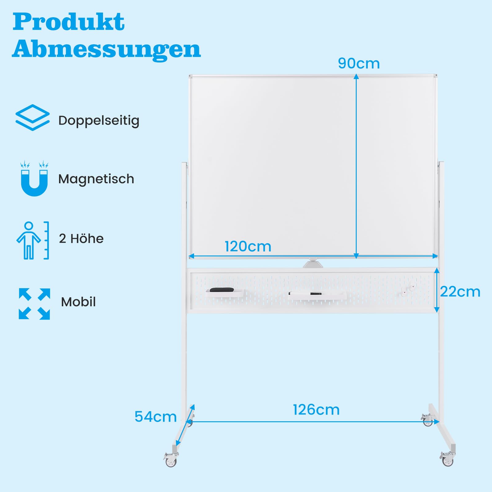 COSTWAY Doppelseitiges mobiles Whiteboard, 120 x 90 cm, Trocken abwischbares magnetisches Whiteboard mit Stecktafel, Rollen und Ständer, inkl. Zubehör für Büro, Zuhause, Weiß
