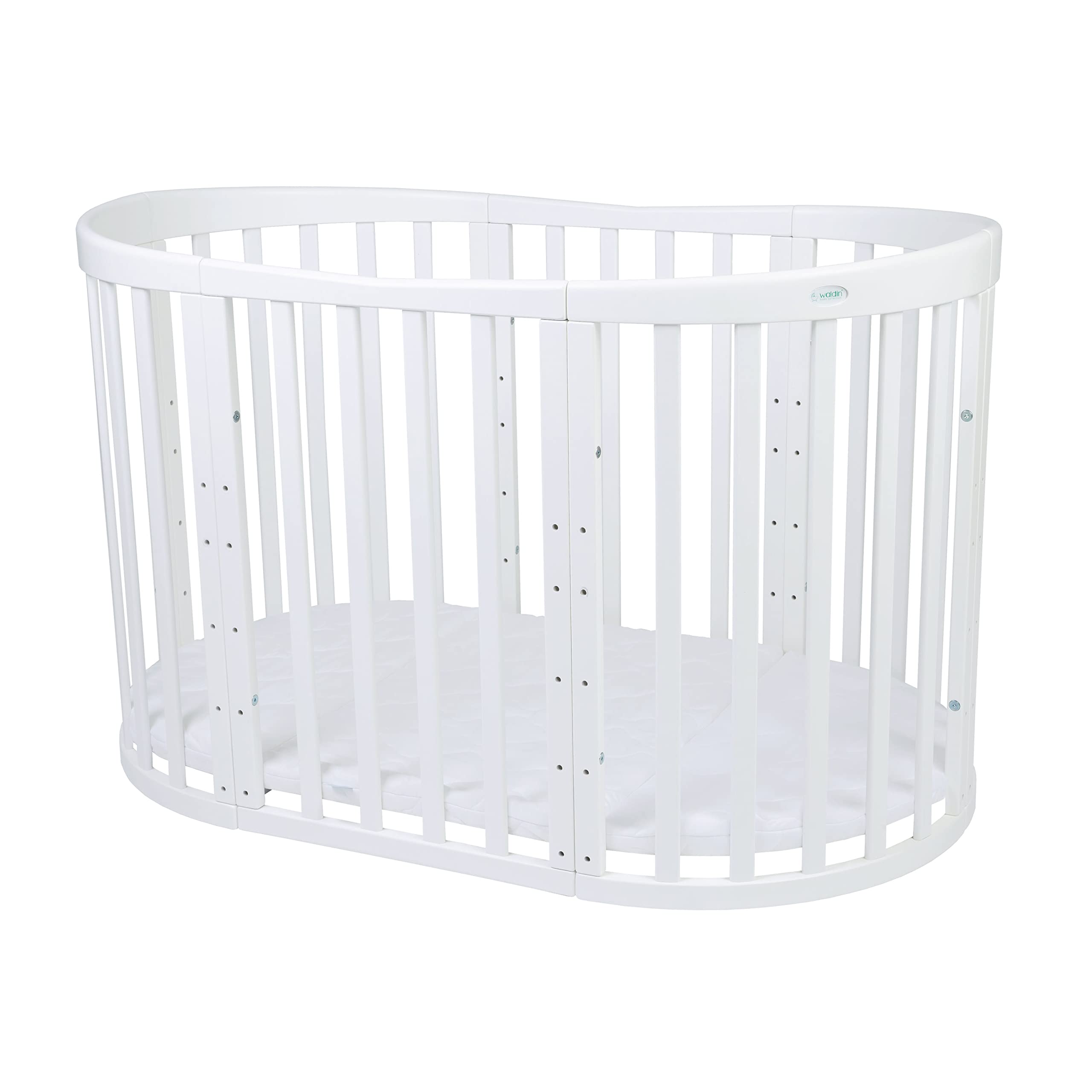 waldin Lettino Bebè Ovale 7in1, Materasso e Ruote, con Ripiano, Bianco | Senza set di tessuti, Evolutivo, Lettino, Culla Co-Sleeping in Legno, Dondolo Opzionale