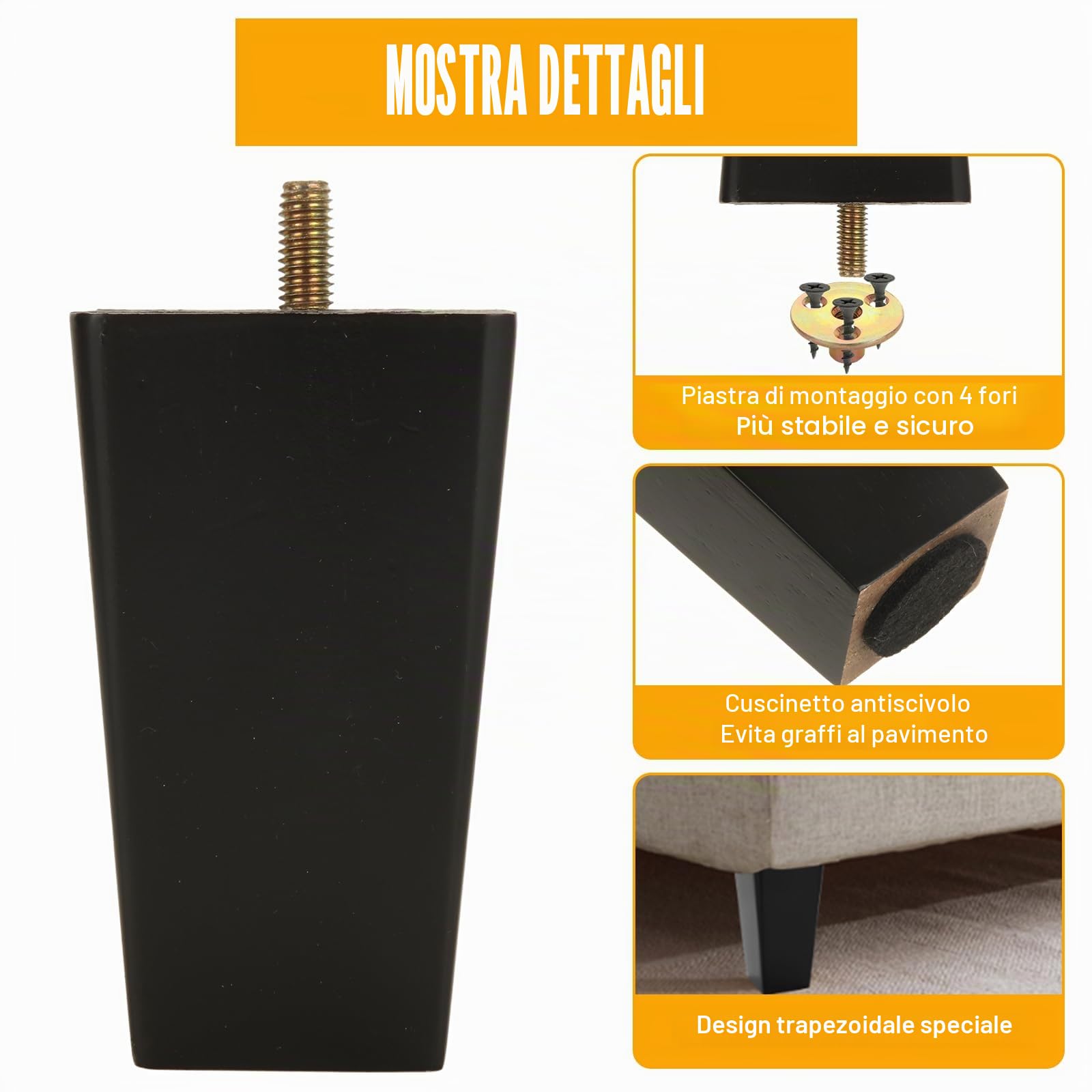 8 gambe di ricambio per divano, altezza 10 cm, piedini di ricambio per mobili in legno massello, bulloni M8 con piastra di montaggio e viti, per divano, poltrona, cassettiera, nero