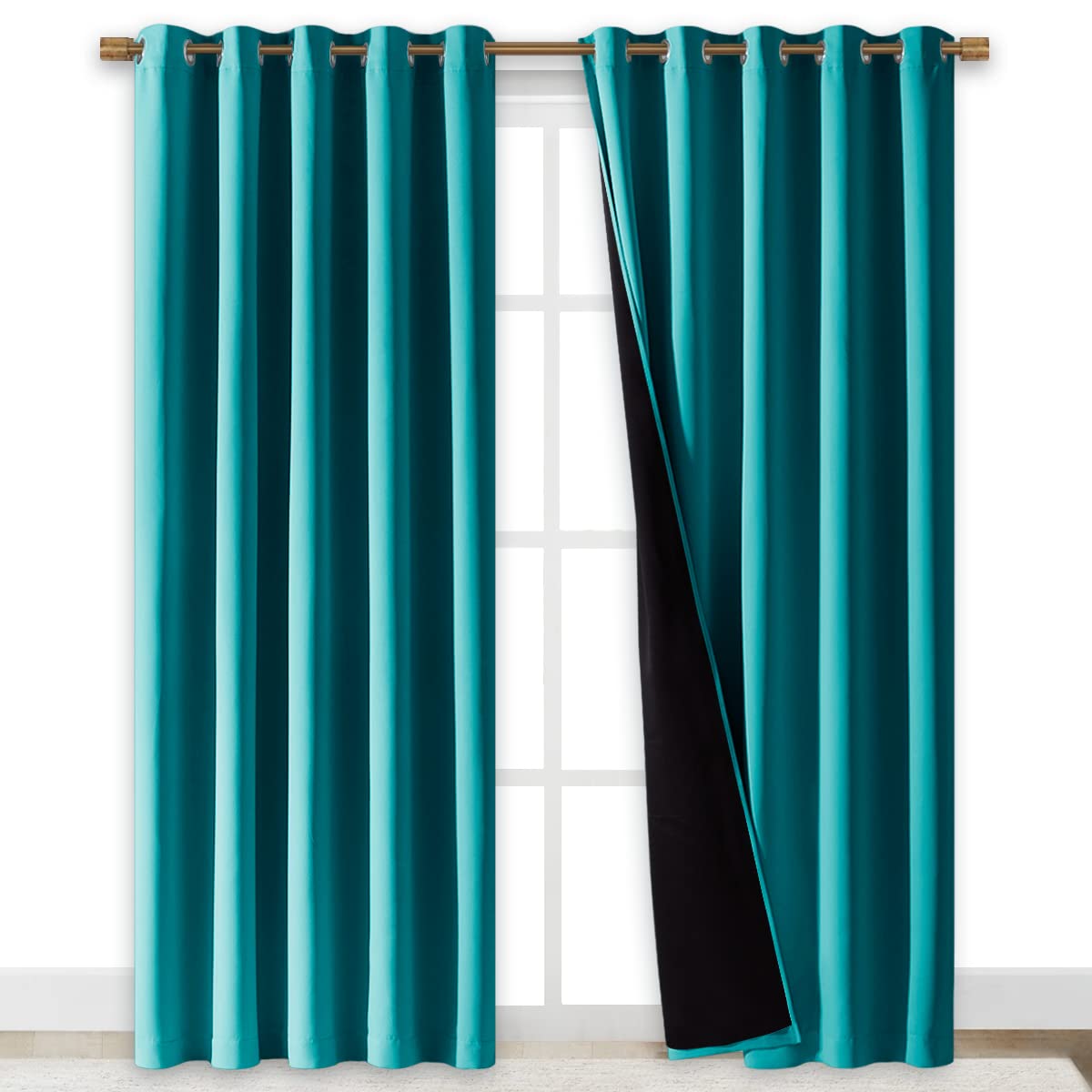 NICETOWN 100% Blackout Window Curtain Panels, Cold and Full Light Blocking Drapes with Black Liner for Nursery, 84" Drop Thermal Insulated Draperies (Peacock Teal, 2 Pieces, 70" Wide Each Panel)