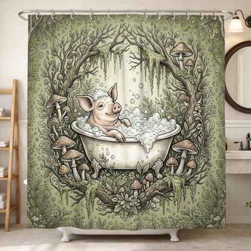 Rideau de douche lavable anti-éclaboussures imprimé champignons vert - 2