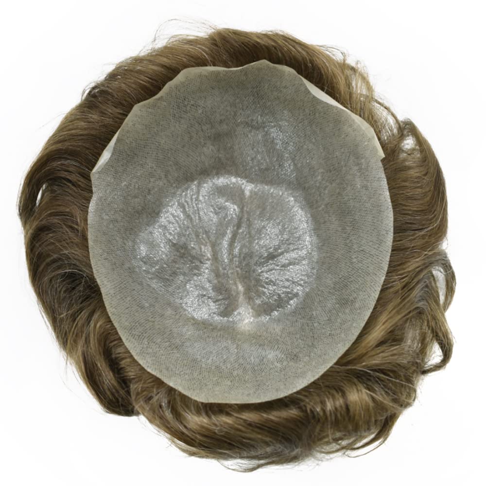 Ultra Thin Skin Toupee for Men 0.04MM Transparent Thin Poly Mens Hair Units Human Hairpiece Replacement System PU V-Looped Natural Hairline Black Brown Blonde Gray Hair(8X10"-90% Density,7#)