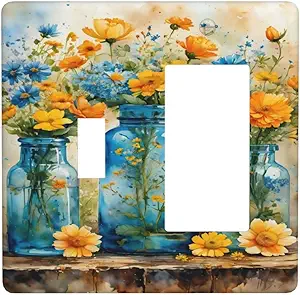 Decorative Outlet Covers Rustic Yellow Flowers Floral Blue Bottles 2 Gang 1 Gang Wall Plate Cover Single Toggle Rocker Combo Light Switch Cover Plate Face Plate for Bedroom Decor
