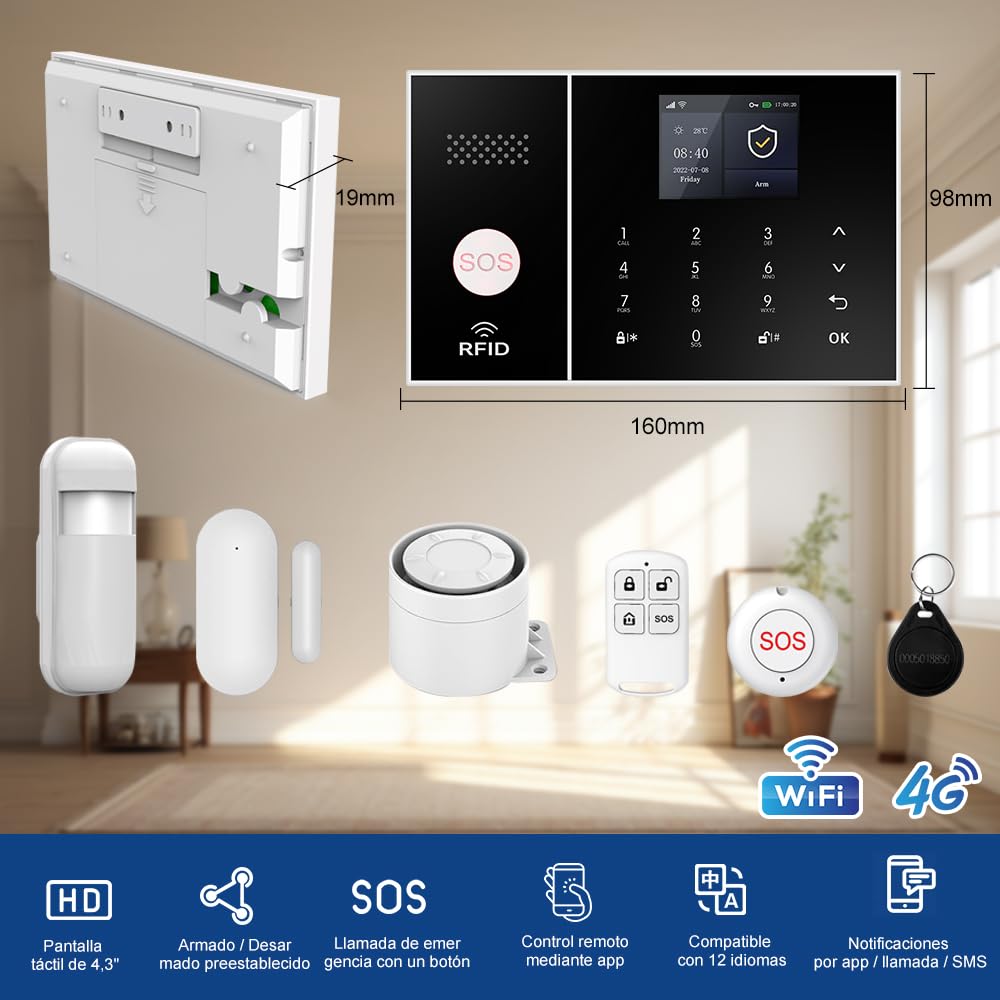 Sistema de Alarma para casa con WiFi + 4G gsm, Kit Alarma casa sin cuotas, notificaciones por App, Llamadas y SMS, Ampliable inalámbrico Compatible con Alexa y Google Assistant (ZZ)