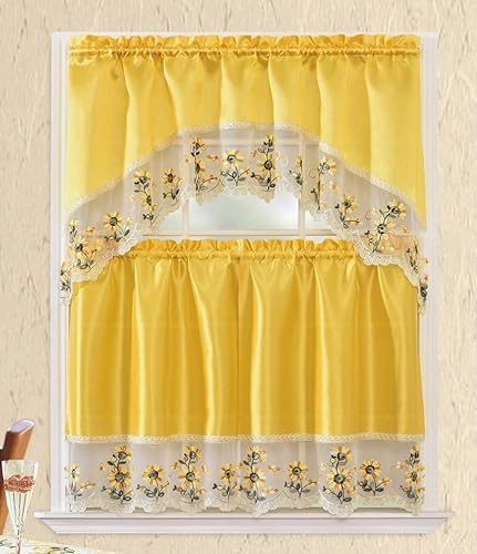 Miniatura 5 de YHSF Set de cortinas de cocina de 3 piezas con cenefa - Juego de cortinas de ventana de 2 niveles y cenefa con diseño de bolsillo para barra,