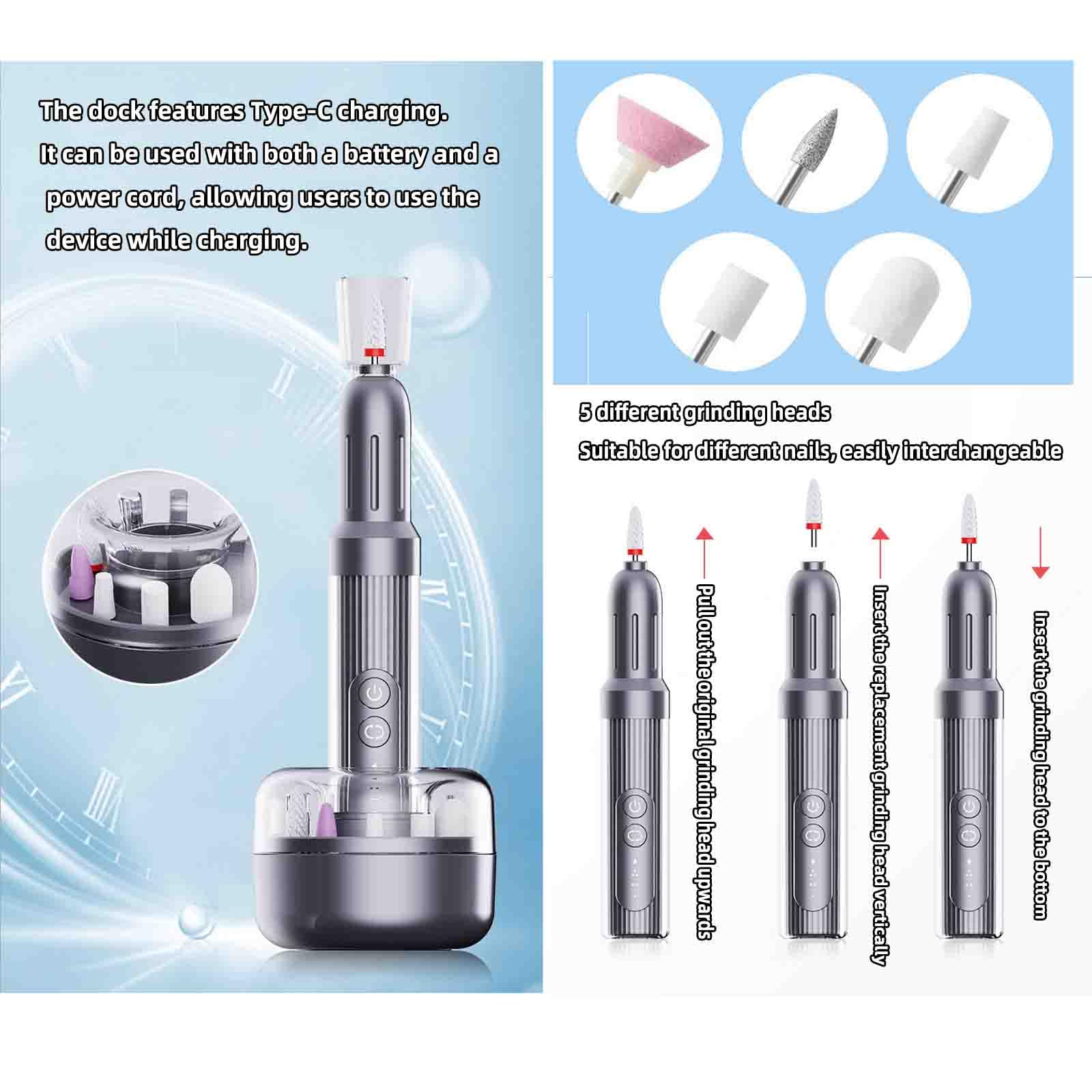 Torno Para Uñas Profesional Torno Uñas Cortauñas Electrico Adultos Nail cutter Alicate cortauñas Lima De Uñas Eléctrica Recargable Por USB Portátil 6 Velocidades Ajustables (24x130mm,Silver)