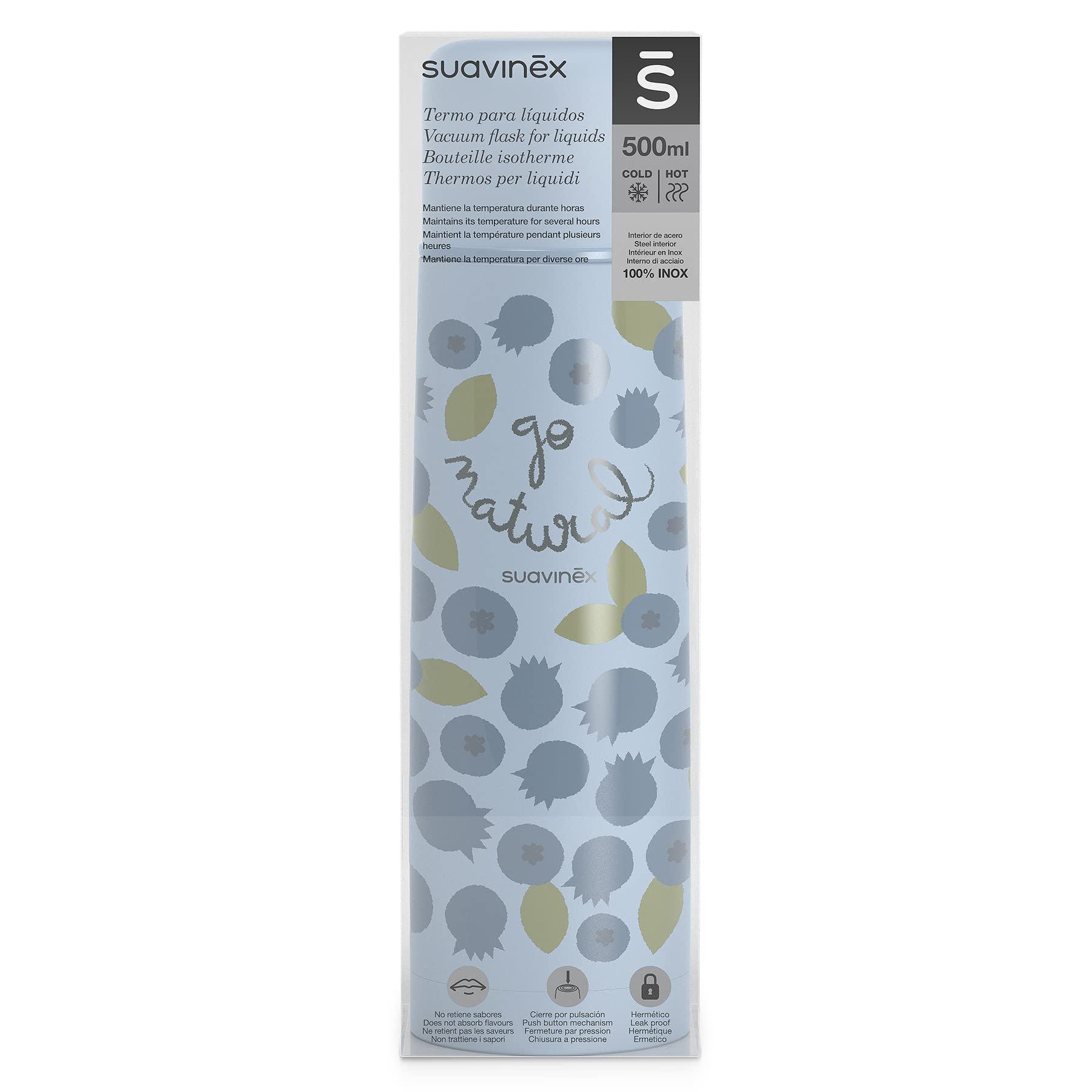Suavinex, Bouteille Isotherme, Thermos Bébé 100% Inox. Maintient la Température Pendant Plus de 6 Heures. Hermétique, Fermeture Par Pression. Qualité et Résistance. 500 ml, Myrtille, Couleur Bleue