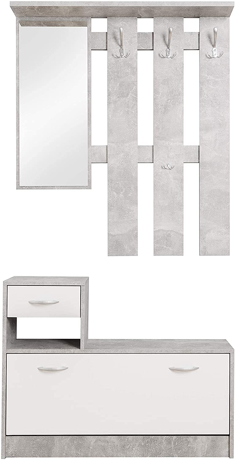 My Brand Germanvox - Mobile da Ingresso moderno, Panca con scarpiera e specchio, Entratina con cassetto e appendiabiti, L.100 P.25 H.180 cm, Bianco e Grigio Cemento