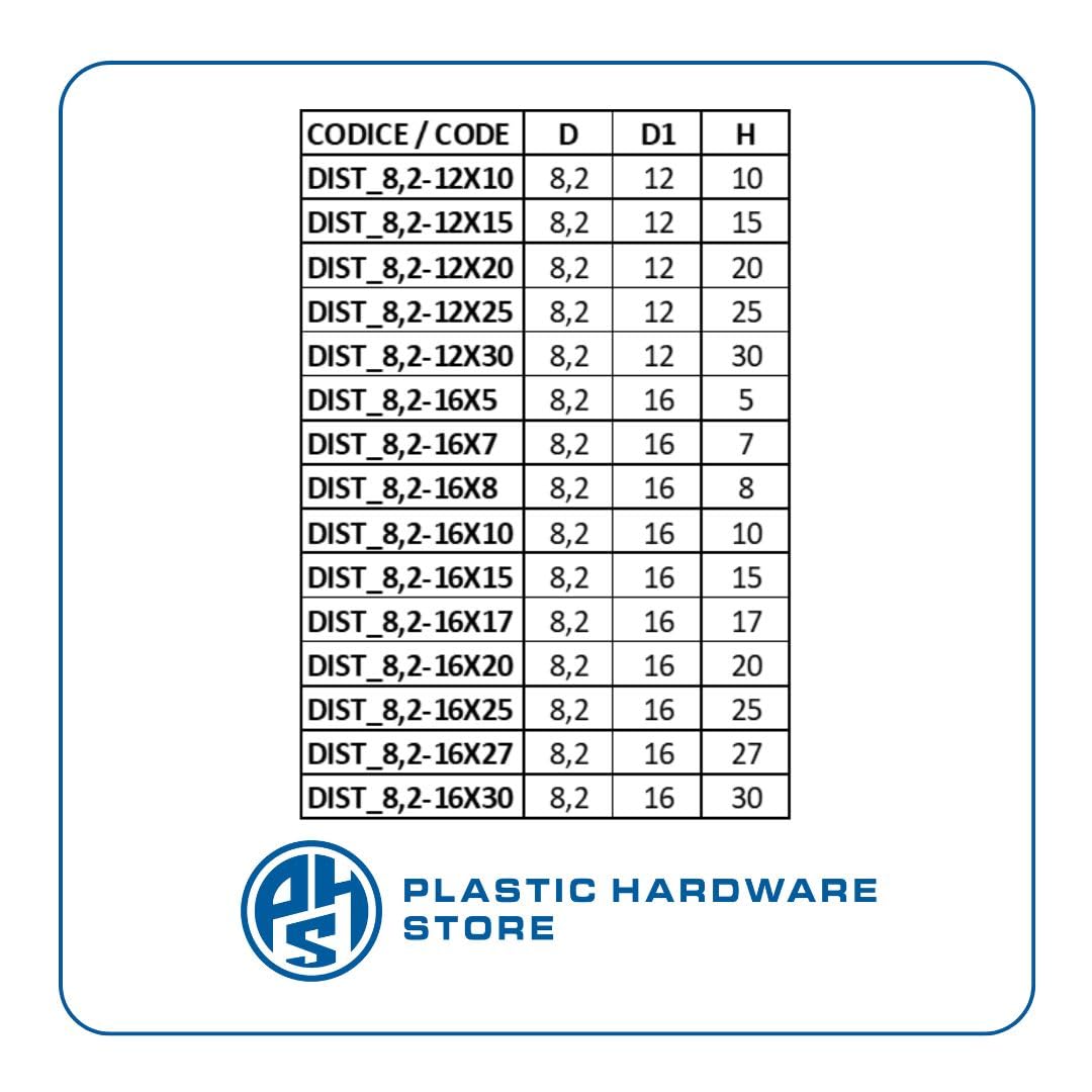Entretoises/Entretoises en nylon (Plastique), non filetées, pour séparer les surfaces délicates, usage industriel et domestique - 10,2 à 20 x 8 - Naturel - 100 pièces - Plastic Hardware Store