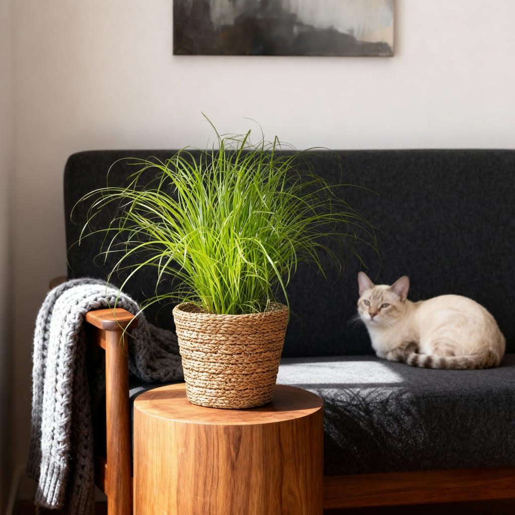 Planta Cyperus Zumula, Hierba para Gatos, Verde, Pack de 2 con Cesta