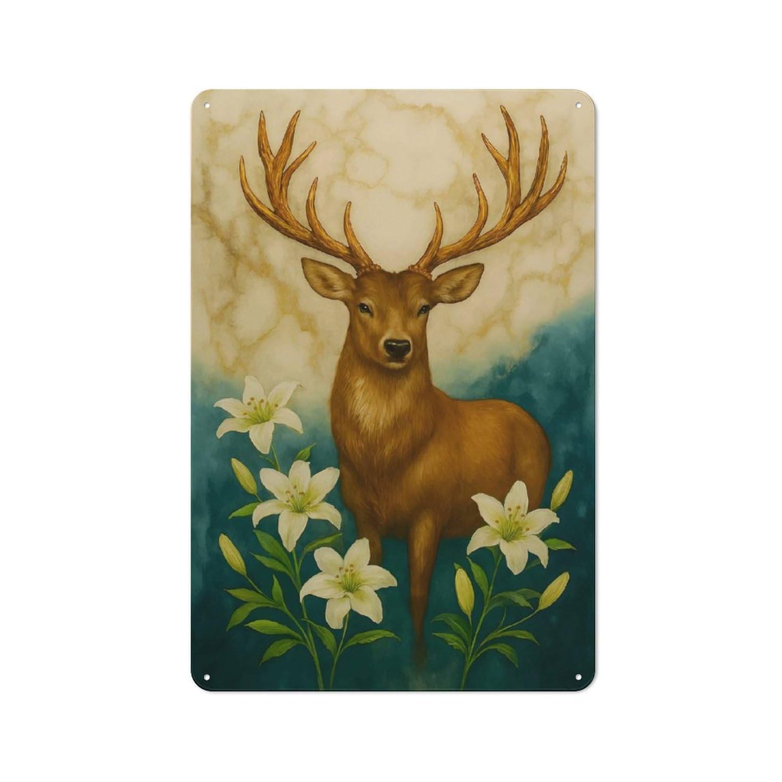 Deer with Lilies Painting Garage Metal Sign 30x20cm, Weathered Look Shed Wall Plaque for Garage, Workshop, Shed Or Utility Room
