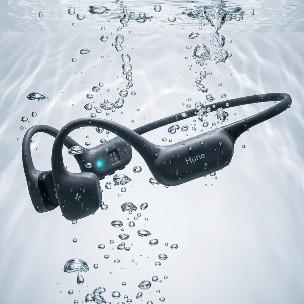 HUNE Ola - Cuffie a conduzione ossea, IP68, per nuoto e corsa, Bluetooth 6, orecchio aperto, autonomia 9h, ricarica rapida, memoria da 32 GB, plastica riciclata